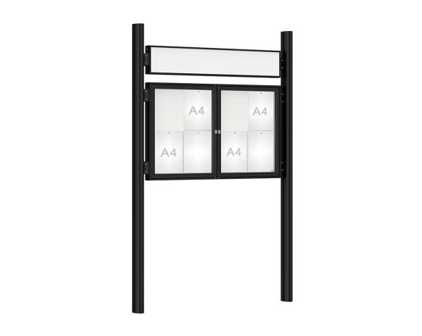 Schaukasten 1000 mit Quatro-Pfosten Farbe:RAL 9005|Abmessungen:8 A4 - B 1200 x H 750 mm - 2-flügelig|Pfosten:Pfosten-Set zum Einbetonieren - Mit Titelleiste