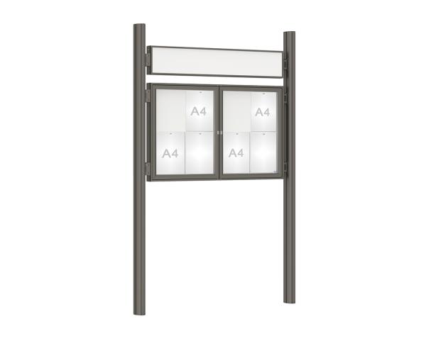 Schaukasten 1000 mit Quatro-Pfosten Farbe:Procity grau|Abmessungen:8 A4 - B 1200 x H 750 mm - 2-flügelig|Pfosten:Mittelpfosten zum Einbetonieren - Mit Titelleiste