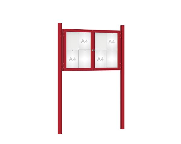 Schaukasten 1000 mit Pfosten Ø 76 mm Farbe:RAL 3004|Abmessungen:8 A4 - B 1200 x H 750 mm - 2-flügelig|Pfosten:Pfosten-Set zum Einbetonieren - Ohne Titelleiste
