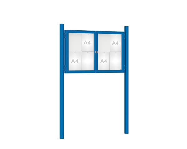 Schaukasten 1000 mit Pfosten Ø 76 mm Farbe:RAL 5010|Abmessungen:8 A4 - B 1200 x H 750 mm - 2-flügelig|Pfosten:Pfosten-Set zum Einbetonieren - Ohne Titelleiste