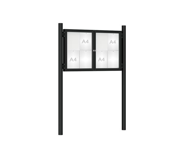 Schaukasten 1000 mit Pfosten Ø 76 mm Farbe:RAL 9005|Abmessungen:8 A4 - B 1200 x H 750 mm - 2-flügelig|Pfosten:Pfosten-Set zum Einbetonieren - Ohne Titelleiste