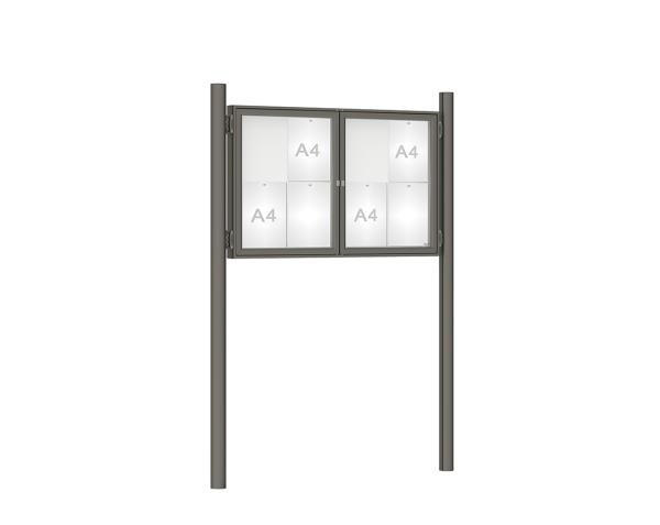 Schaukasten 1000 mit Pfosten Ø 76 mm Farbe:Procity grau|Abmessungen:8 A4 - B 1200 x H 750 mm - 2-flügelig|Pfosten:Pfosten-Set zum Einbetonieren - Ohne Titelleiste