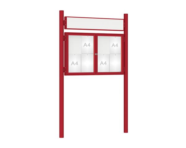 Schaukasten 1000 mit Pfosten Ø 76 mm Farbe:RAL 3004|Abmessungen:8 A4 - B 1200 x H 750 mm - 2-flügelig|Pfosten:Pfosten-Set zum Einbetonieren - Mit Titelleiste