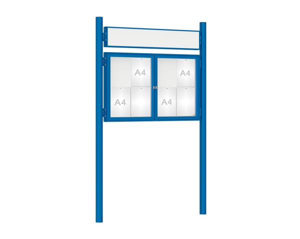 Schaukasten 1000 mit Pfosten Ø 76 mm Farbe:RAL 5010|Abmessungen:8 A4 - B 1200 x H 750 mm - 2-flügelig|Pfosten:Pfosten-Set zum Einbetonieren - Mit Titelleiste