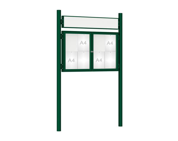 Schaukasten 1000 mit Pfosten Ø 76 mm Farbe:RAL 6005|Abmessungen:8 A4 - B 1200 x H 750 mm - 2-flügelig|Pfosten:Pfosten-Set zum Einbetonieren - Mit Titelleiste