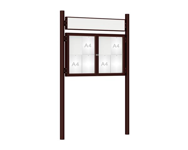 Schaukasten 1000 mit Pfosten Ø 76 mm Farbe:RAL 8017|Abmessungen:8 A4 - B 1200 x H 750 mm - 2-flügelig|Pfosten:Pfosten-Set zum Einbetonieren - Mit Titelleiste