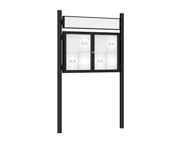 Schaukasten 1000 mit Pfosten Ø 76 mm Farbe:RAL 9005|Abmessungen:8 A4 - B 1200 x H 750 mm - 2-flügelig|Pfosten:Pfosten-Set zum Einbetonieren - Mit Titelleiste