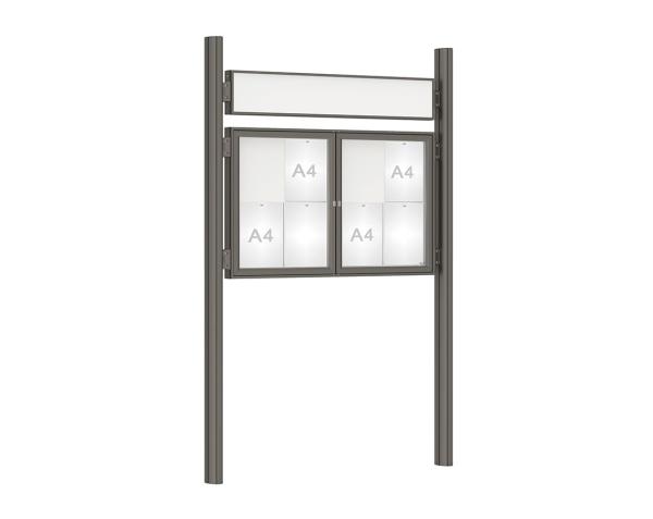 Schaukasten 1000 mit Quatro-Pfosten Farbe:Procity grau|Abmessungen:8 A4 - B 1200 x H 750 mm - 2-flügelig|Pfosten:Pfosten-Set zum Einbetonieren - Mit Titelleiste