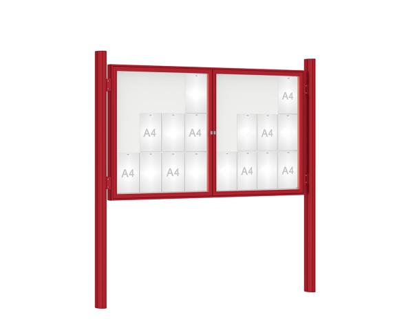 Schaukasten 1000 mit Quatro-Pfosten Farbe:RAL 3004|Abmessungen:24 A4 - B 1800 x H 1050 mm - 2-flügelig|Pfosten:Pfosten-Set zum Einbetonieren - Ohne Titelleiste