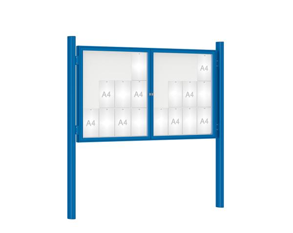 Schaukasten 1000 mit Quatro-Pfosten Farbe:RAL 5010|Abmessungen:24 A4 - B 1800 x H 1050 mm - 2-flügelig|Pfosten:Pfosten-Set zum Einbetonieren - Ohne Titelleiste
