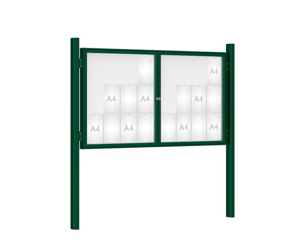 Schaukasten 1000 mit Quatro-Pfosten Farbe:RAL 6005|Abmessungen:24 A4 - B 1800 x H 1050 mm - 2-flügelig|Pfosten:Pfosten-Set zum Einbetonieren - Ohne Titelleiste