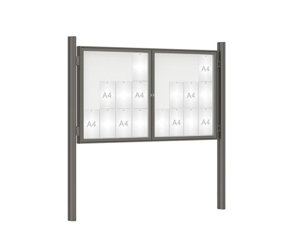 Schaukasten 1000 mit Quatro-Pfosten Farbe:Procity grau|Abmessungen:24 A4 - B 1800 x H 1050 mm - 2-flügelig|Pfosten:Pfosten-Set zum Einbetonieren - Ohne Titelleiste