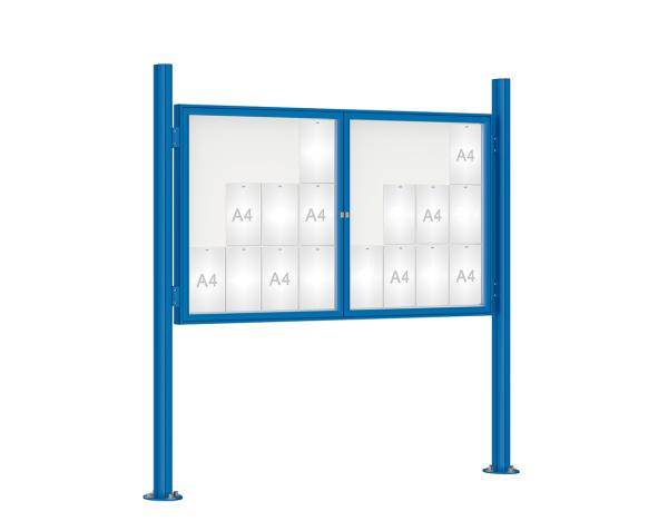 Schaukasten 1000 mit Quatro-Pfosten Farbe:RAL 5010|Abmessungen:24 A4 - B 1800 x H 1050 mm - 2-flügelig|Pfosten:Mittelpfosten auf Bodenplatte - Ohne Titelleiste