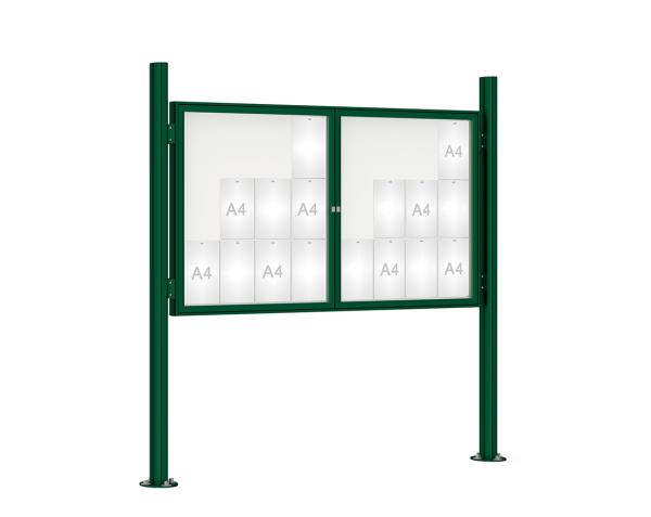 Schaukasten 1000 mit Quatro-Pfosten Farbe:RAL 6005|Abmessungen:24 A4 - B 1800 x H 1050 mm - 2-flügelig|Pfosten:Mittelpfosten auf Bodenplatte - Ohne Titelleiste
