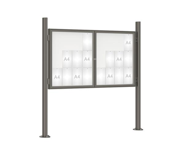 Schaukasten 1000 mit Quatro-Pfosten Farbe:Procity grau|Abmessungen:24 A4 - B 1800 x H 1050 mm - 2-flügelig|Pfosten:Mittelpfosten auf Bodenplatte - Ohne Titelleiste