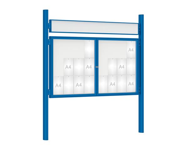 Schaukasten 1000 mit Quatro-Pfosten Farbe:RAL 5010|Abmessungen:24 A4 - B 1800 x H 1050 mm - 2-flügelig|Pfosten:Pfosten-Set zum Einbetonieren - Mit Titelleiste