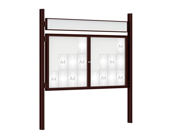 Schaukasten 1000 mit Quatro-Pfosten Farbe:RAL 8017|Abmessungen:24 A4 - B 1800 x H 1050 mm - 2-flügelig|Pfosten:Pfosten-Set zum Einbetonieren - Mit Titelleiste
