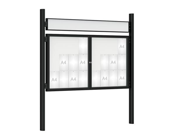 Schaukasten 1000 mit Quatro-Pfosten Farbe:RAL 9005|Abmessungen:24 A4 - B 1800 x H 1050 mm - 2-flügelig|Pfosten:Pfosten-Set zum Einbetonieren - Mit Titelleiste