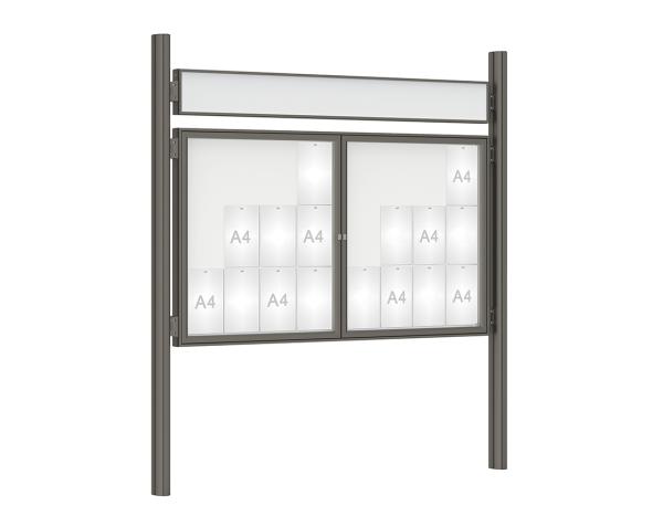 Schaukasten 1000 mit Quatro-Pfosten Farbe:Procity grau|Abmessungen:24 A4 - B 1800 x H 1050 mm - 2-flügelig|Pfosten:Pfosten-Set zum Einbetonieren - Mit Titelleiste