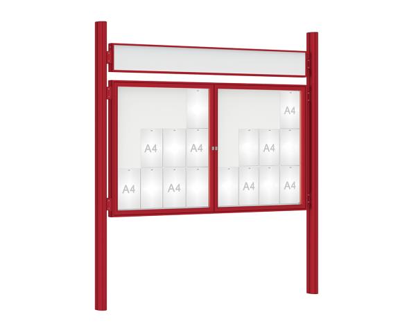 Schaukasten 1000 mit Quatro-Pfosten Farbe:RAL 3004|Abmessungen:24 A4 - B 1800 x H 1050 mm - 2-flügelig|Pfosten:Mittelpfosten zum Einbetonieren - Mit Titelleiste