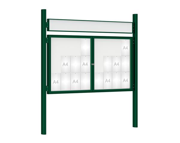 Schaukasten 1000 mit Quatro-Pfosten Farbe:RAL 6005|Abmessungen:24 A4 - B 1800 x H 1050 mm - 2-flügelig|Pfosten:Mittelpfosten zum Einbetonieren - Mit Titelleiste