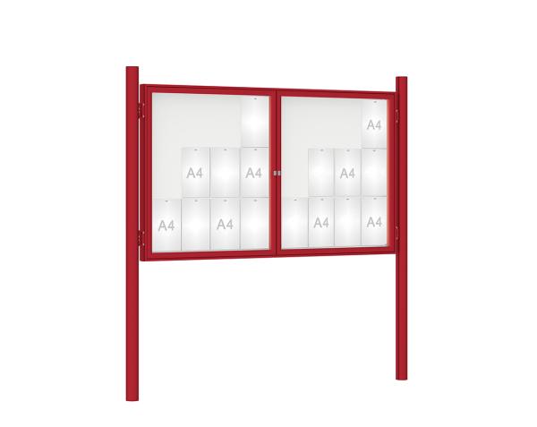 Schaukasten 1000 mit Pfosten Ø 76 mm Farbe:RAL 3004|Abmessungen:24 A4 - B 1800 x H 1050 mm - 2-flügelig|Pfosten:Pfosten-Set zum Einbetonieren - Ohne Titelleiste