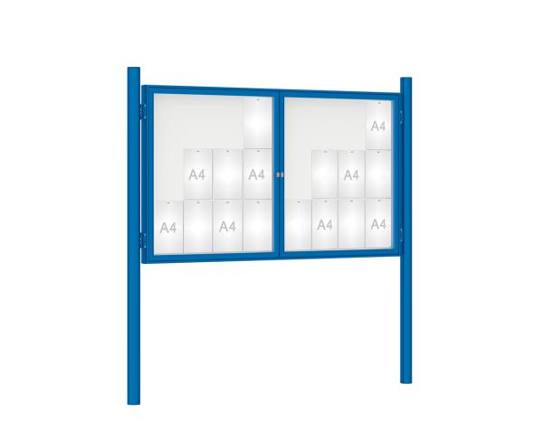 Schaukasten 1000 mit Pfosten Ø 76 mm Farbe:RAL 5010|Abmessungen:24 A4 - B 1800 x H 1050 mm - 2-flügelig|Pfosten:Pfosten-Set zum Einbetonieren - Ohne Titelleiste