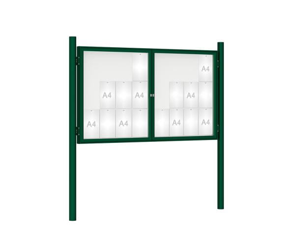 Schaukasten 1000 mit Pfosten Ø 76 mm Farbe:RAL 6005|Abmessungen:24 A4 - B 1800 x H 1050 mm - 2-flügelig|Pfosten:Pfosten-Set zum Einbetonieren - Ohne Titelleiste