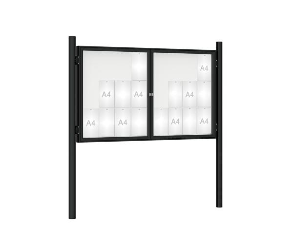 Schaukasten 1000 mit Pfosten Ø 76 mm Farbe:RAL 9005|Abmessungen:24 A4 - B 1800 x H 1050 mm - 2-flügelig|Pfosten:Pfosten-Set zum Einbetonieren - Ohne Titelleiste