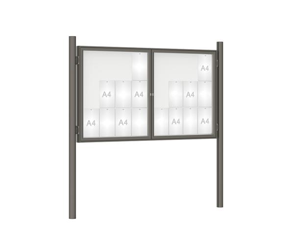 Schaukasten 1000 mit Pfosten Ø 76 mm Farbe:Procity grau|Abmessungen:24 A4 - B 1800 x H 1050 mm - 2-flügelig|Pfosten:Pfosten-Set zum Einbetonieren - Ohne Titelleiste
