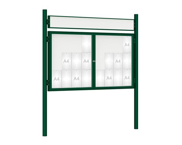 Schaukasten 1000 mit Pfosten Ø 76 mm Farbe:RAL 6005|Abmessungen:24 A4 - B 1800 x H 1050 mm - 2-flügelig|Pfosten:Pfosten-Set zum Einbetonieren - Mit Titelleiste