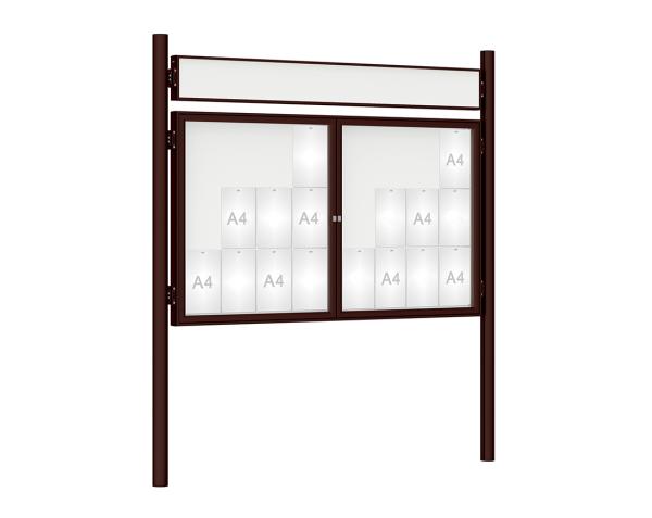 Schaukasten 1000 mit Pfosten Ø 76 mm Farbe:RAL 8017|Abmessungen:24 A4 - B 1800 x H 1050 mm - 2-flügelig|Pfosten:Pfosten-Set zum Einbetonieren - Mit Titelleiste