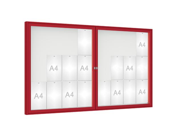 Schaukasten 1000 Farbe:RAL 3004|Verglasung:Plexichocs|Abmessungen:24 A4 – B 1800 x H 1050 mm