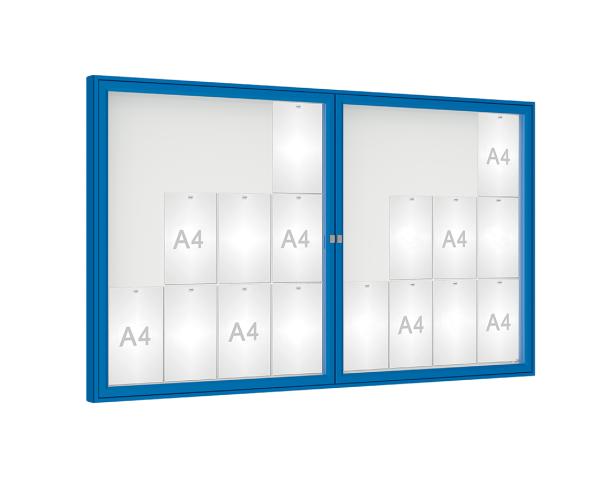 Schaukasten 1000 Farbe:RAL 5010|Verglasung:Plexichocs|Abmessungen:24 A4 – B 1800 x H 1050 mm