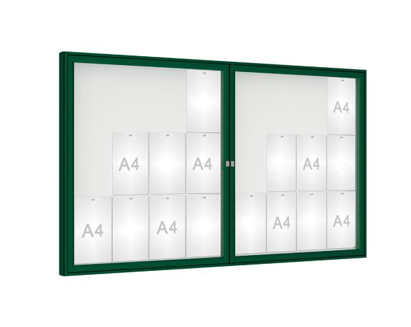 Schaukasten 1000 Farbe:RAL 6005|Verglasung:Plexichocs|Abmessungen:24 A4 – B 1800 x H 1050 mm