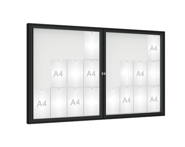 Schaukasten 1000 Farbe:RAL 9005|Verglasung:Plexichocs|Abmessungen:24 A4 – B 1800 x H 1050 mm