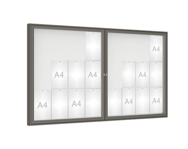 Schaukasten 1000 Farbe:Procity grau|Verglasung:Plexichocs|Abmessungen:24 A4 – B 1800 x H 1050 mm