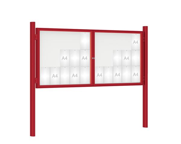 Schaukasten 1000 mit Quatro-Pfosten Farbe:RAL 3004|Abmessungen:30 A4 - B 2250 x H 1050 mm - 2-flügelig|Pfosten:Pfosten-Set zum Einbetonieren - Ohne Titelleiste