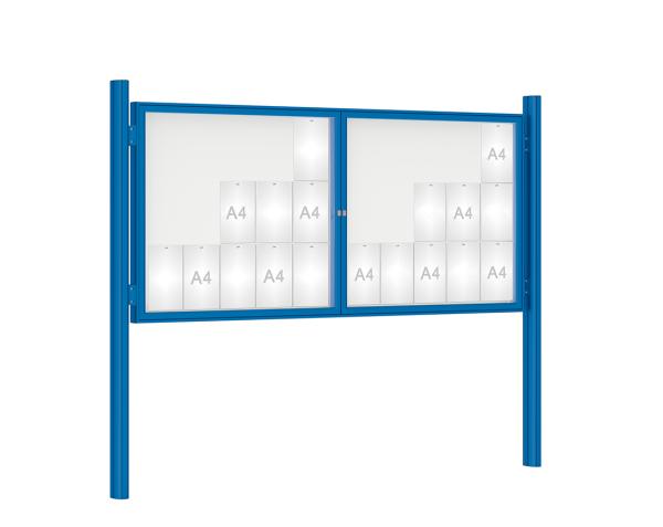 Schaukasten 1000 mit Quatro-Pfosten Farbe:RAL 5010|Abmessungen:30 A4 - B 2250 x H 1050 mm - 2-flügelig|Pfosten:Pfosten-Set zum Einbetonieren - Ohne Titelleiste