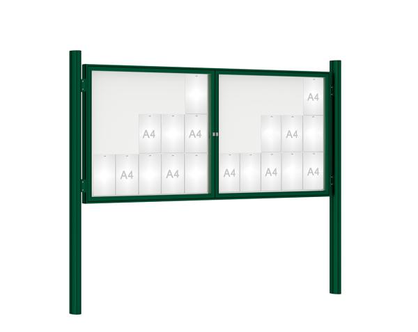 Schaukasten 1000 mit Quatro-Pfosten Farbe:RAL 6005|Abmessungen:30 A4 - B 2250 x H 1050 mm - 2-flügelig|Pfosten:Pfosten-Set zum Einbetonieren - Ohne Titelleiste