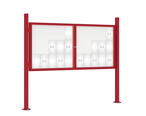 Schaukasten 1000 mit Quatro-Pfosten Farbe:RAL 3004|Abmessungen:30 A4 - B 2250 x H 1050 mm - 2-flügelig|Pfosten:Pfosten-Set auf Bodenplatten - Ohne Titelleiste
