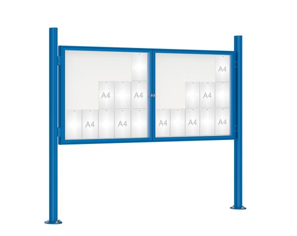 Schaukasten 1000 mit Quatro-Pfosten Farbe:RAL 5010|Abmessungen:30 A4 - B 2250 x H 1050 mm - 2-flügelig|Pfosten:Pfosten-Set auf Bodenplatten - Ohne Titelleiste