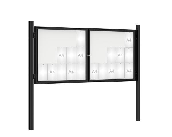 Schaukasten 1000 mit Quatro-Pfosten Farbe:RAL 9005|Abmessungen:30 A4 - B 2250 x H 1050 mm - 2-flügelig|Pfosten:Mittelpfosten zum Einbetonieren - Ohne Titelleiste
