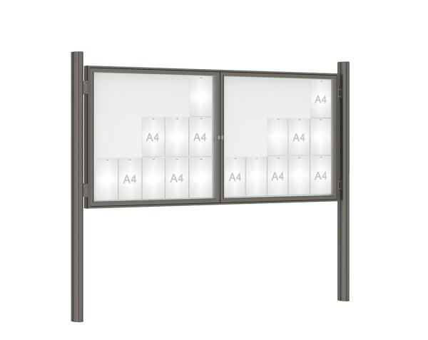Schaukasten 1000 mit Quatro-Pfosten Farbe:Procity grau|Abmessungen:30 A4 - B 2250 x H 1050 mm - 2-flügelig|Pfosten:Mittelpfosten zum Einbetonieren - Ohne Titelleiste