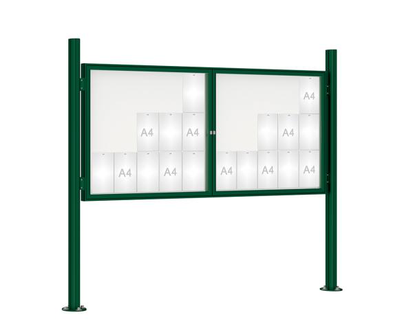 Schaukasten 1000 mit Quatro-Pfosten Farbe:RAL 6005|Abmessungen:30 A4 - B 2250 x H 1050 mm - 2-flügelig|Pfosten:Mittelpfosten auf Bodenplatte - Ohne Titelleiste