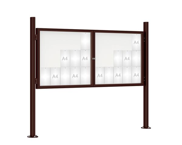 Schaukasten 1000 mit Quatro-Pfosten Farbe:RAL 8017|Abmessungen:30 A4 - B 2250 x H 1050 mm - 2-flügelig|Pfosten:Mittelpfosten auf Bodenplatte - Ohne Titelleiste