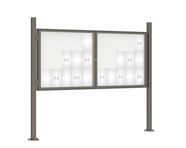Schaukasten 1000 mit Quatro-Pfosten Farbe:Procity grau|Abmessungen:30 A4 - B 2250 x H 1050 mm - 2-flügelig|Pfosten:Mittelpfosten auf Bodenplatte - Ohne Titelleiste