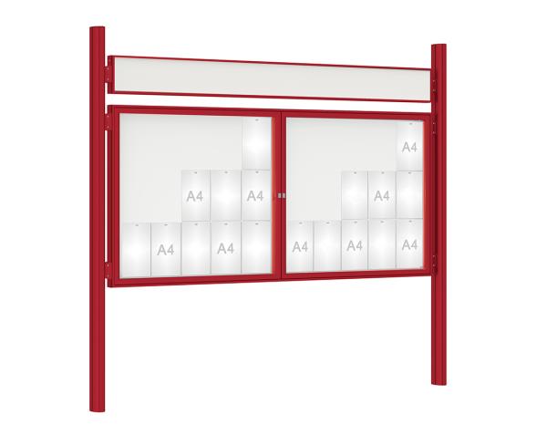 Schaukasten 1000 mit Quatro-Pfosten Farbe:RAL 3004|Abmessungen:30 A4 - B 2250 x H 1050 mm - 2-flügelig|Pfosten:Pfosten-Set zum Einbetonieren - Mit Titelleiste