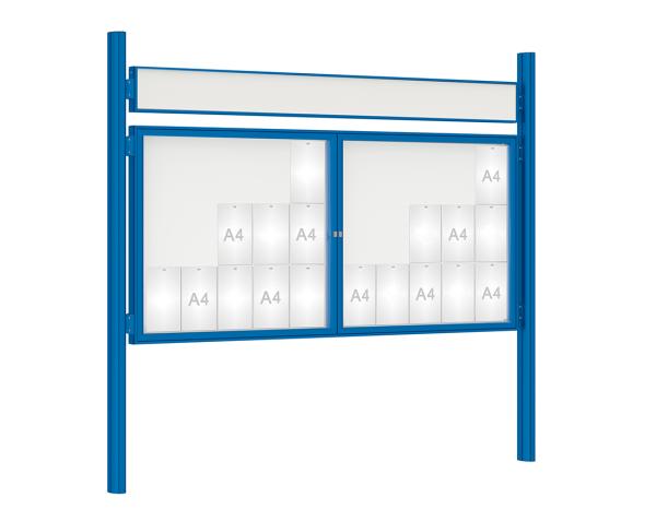Schaukasten 1000 mit Quatro-Pfosten Farbe:RAL 5010|Abmessungen:30 A4 - B 2250 x H 1050 mm - 2-flügelig|Pfosten:Pfosten-Set zum Einbetonieren - Mit Titelleiste