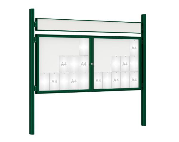 Schaukasten 1000 mit Quatro-Pfosten Farbe:RAL 6005|Abmessungen:30 A4 - B 2250 x H 1050 mm - 2-flügelig|Pfosten:Mittelpfosten zum Einbetonieren - Mit Titelleiste